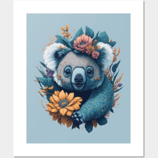 Cute smiling Koala bear with florals and foliage t-shirt design, apparel, mugs, cases, wall art, stickers, travel mug Posters and Art
